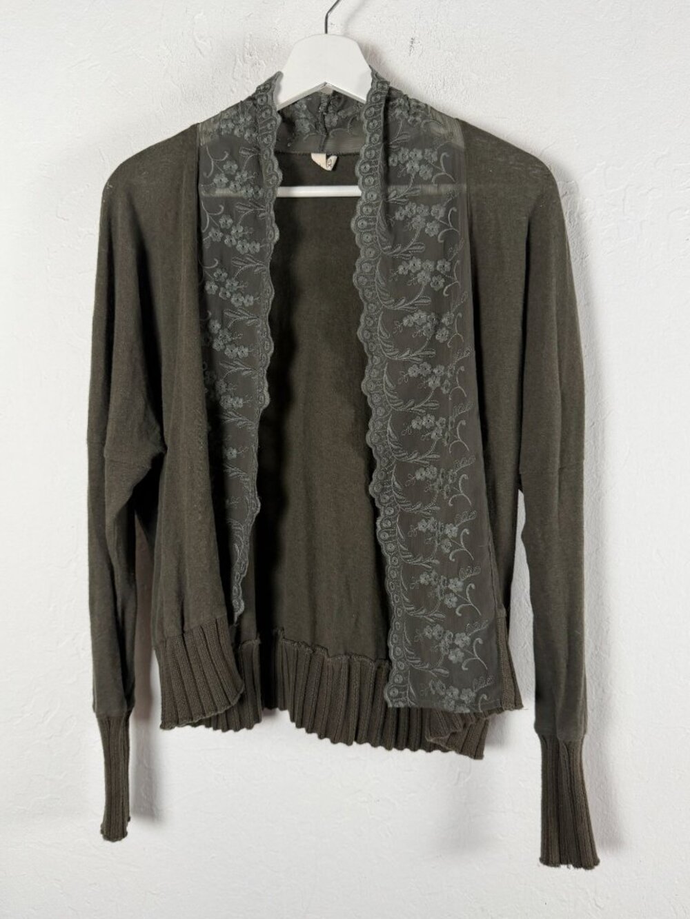 Anthropologie Tiny Womens Lace Trim Open Cardigan Olive Green Linen Blend XS